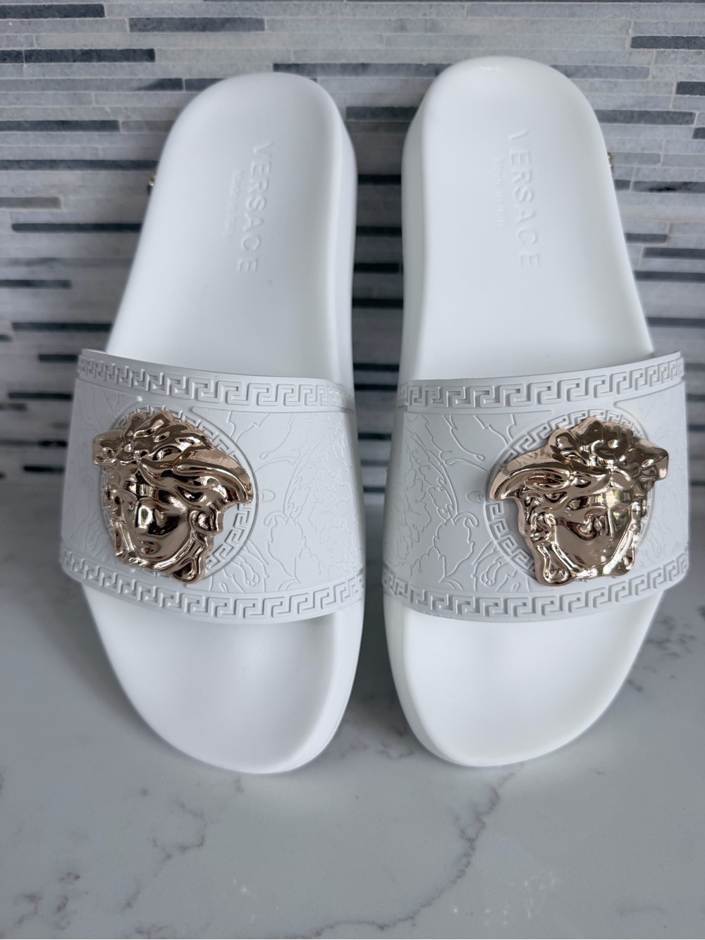 Versace White Slides with Gold Medusa Plaques size 11 - Picture 14 of 16